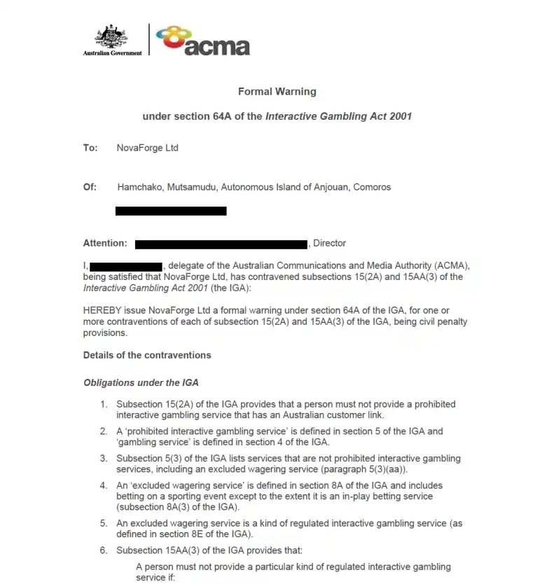 ACMA regulatory source concerning NovaForge Ltd and Spins of Glory